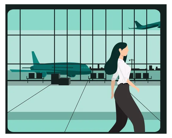 Jeune femme marchant à l'aéroport  Illustration