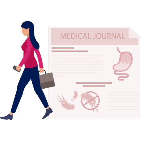 Jeune femme marchant près d'un rapport médical  Illustration