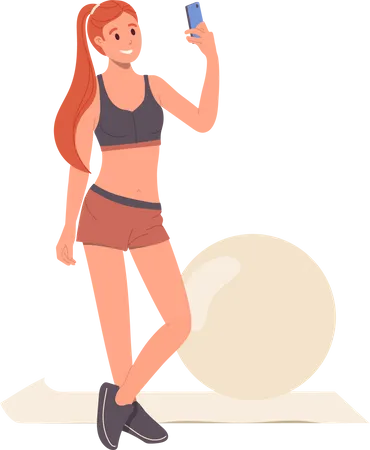 Jeune femme mince avec une silhouette parfaite prenant un selfie pris par l'appareil photo du téléphone après un entraînement avec un ballon en forme  Illustration