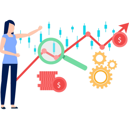 Jeune femme pointant vers le graphique des finances  Illustration