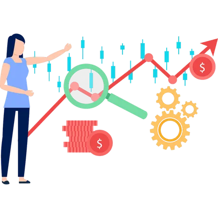 Jeune femme pointant vers le graphique des finances  Illustration