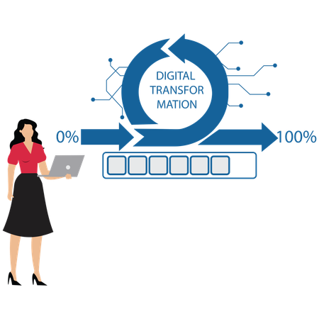 Jeune femme montrant la transformation numérique en cours d'un nouveau système d'innovation  Illustration