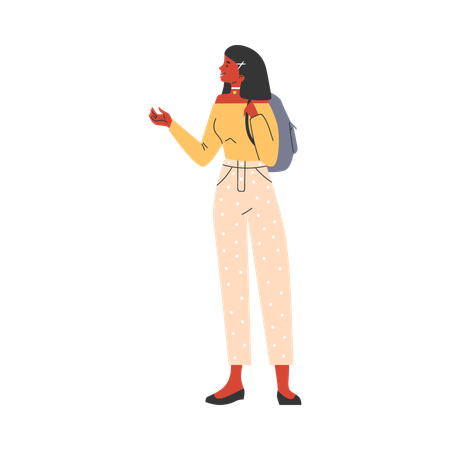 Jeune femme montrant quelque chose avec un sac à dos  Illustration