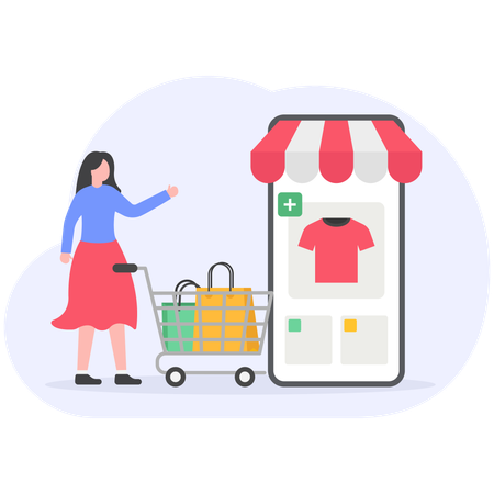 Jeune femme montrant des achats sur mobile  Illustration