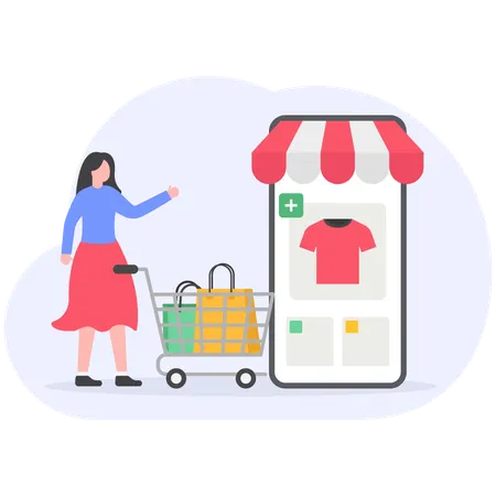 Jeune femme montrant des achats sur mobile  Illustration