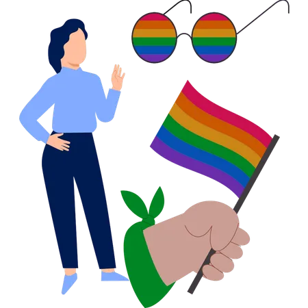 Jeune femme montrant un drapeau d'amour gay  Illustration