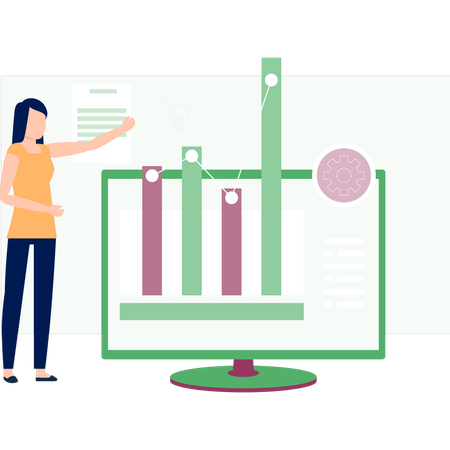 Une jeune femme montre un graphique de croissance de l'entreprise sur un moniteur  Illustration