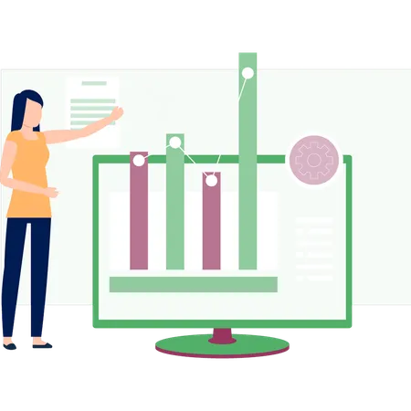 Une jeune femme montre un graphique de croissance de l'entreprise sur un moniteur  Illustration