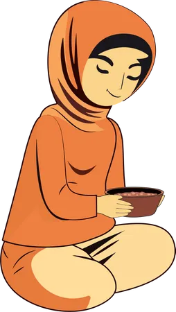 Jeune femme musulmane tenant un bol de nourriture  Illustration