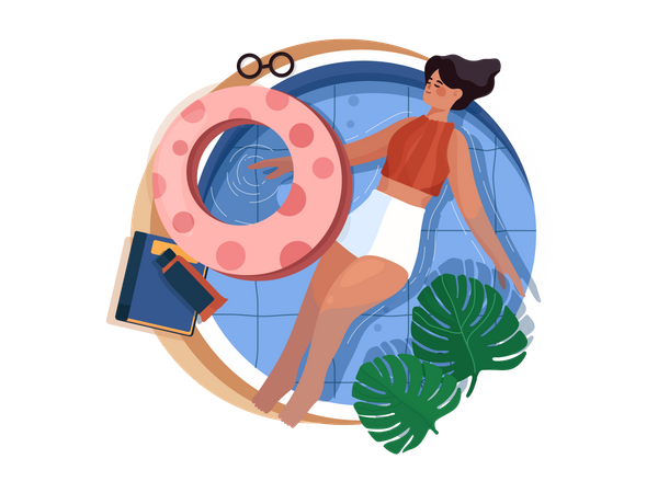 Jeune femme nageant sur le dos dans la piscine à domicile  Illustration