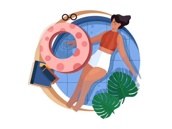 Jeune femme nageant sur le dos dans la piscine à domicile  Illustration