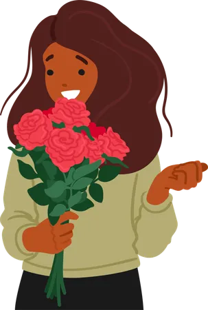 Jeune femme noire avec bouquet de roses rouges  Illustration