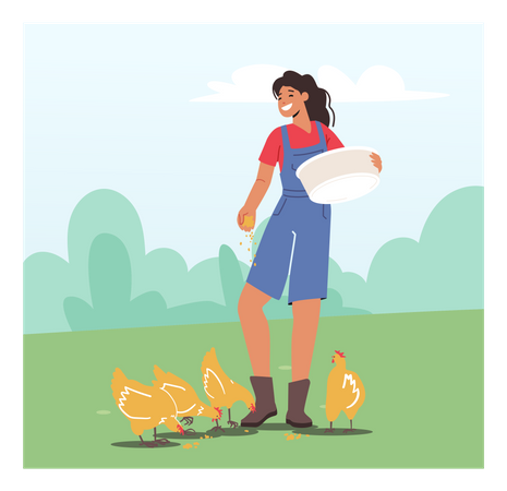 Jeune femme nourrissant des poulets  Illustration