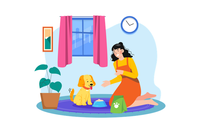 Jeune femme nourrissant son chien  Illustration