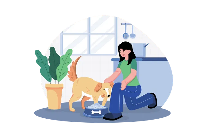 Jeune femme nourrissant son chien  Illustration