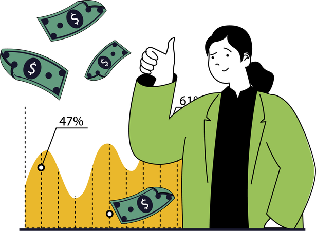 Une jeune femme obtient un profit financier  Illustration