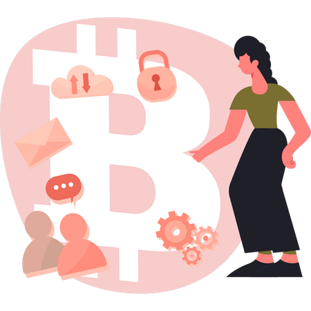 Jeune femme installant des bitcoins  Illustration