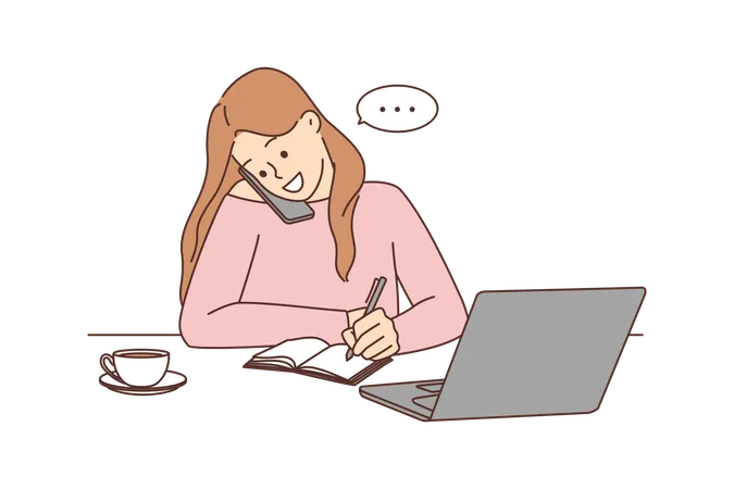 Jeune femme parlant sur mobile et écrivant des notes  Illustration