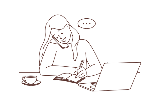 Jeune femme parlant sur mobile et écrivant des notes  Illustration