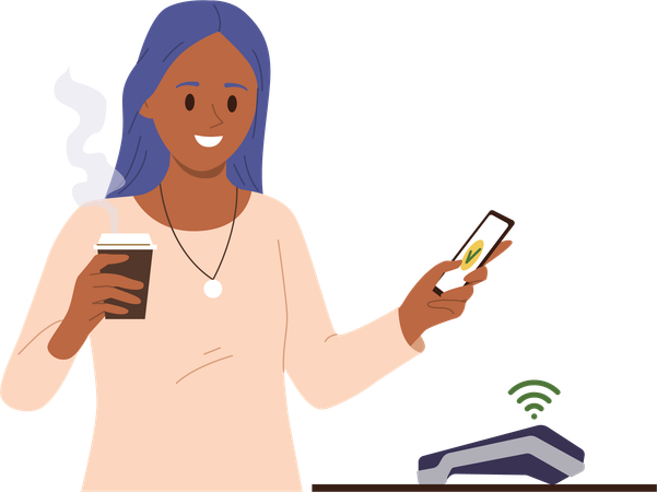 Une jeune femme paie son café à l'aide d'un terminal de point de vente et d'un service bancaire mobile  Illustration