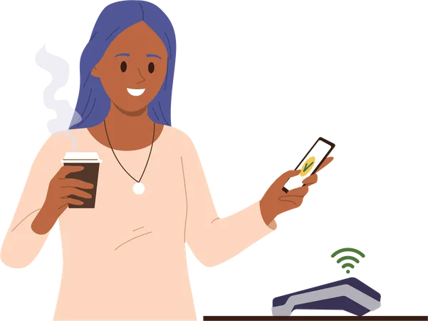 Une jeune femme paie son café à l'aide d'un terminal de point de vente et d'un service bancaire mobile  Illustration