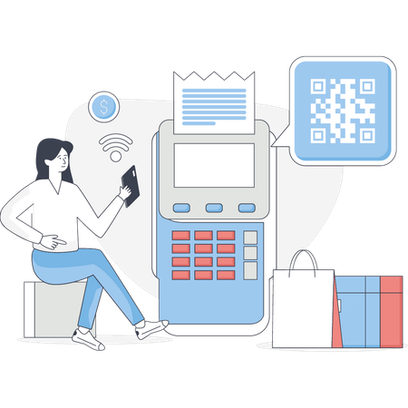 Une jeune femme paie sa facture via un terminal EDC  Illustration