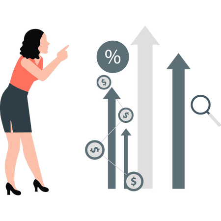 Une jeune femme montre des flèches de croissance du dollar  Illustration