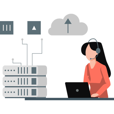 Jeune femme portant un casque montrant des données cloud  Illustration