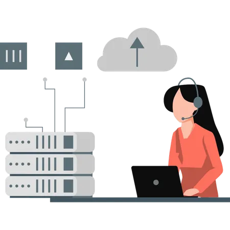 Jeune femme portant un casque montrant des données cloud  Illustration