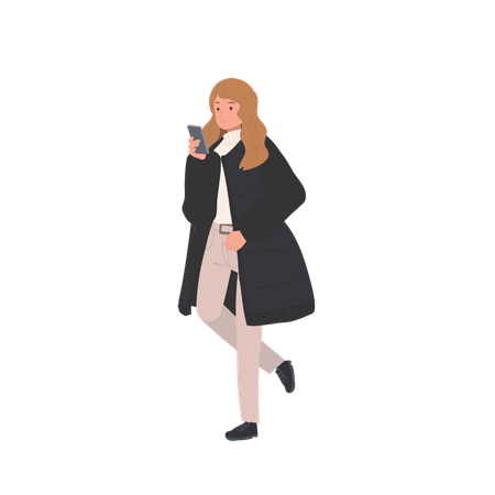 Jeune femme portant une longue doudoune tenant un smartphone Illustration