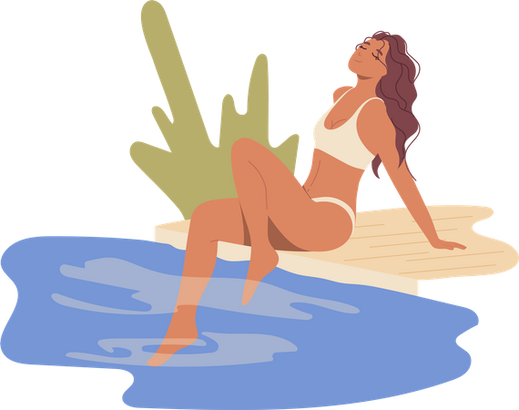 Jeune femme portant une tenue d'été tendance posant sur le lac  Illustration