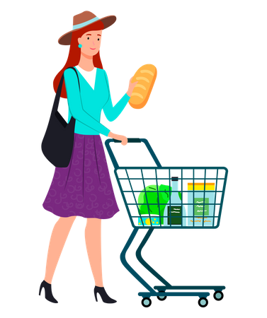 Jeune femme poussant un panier plein de produits  Illustration