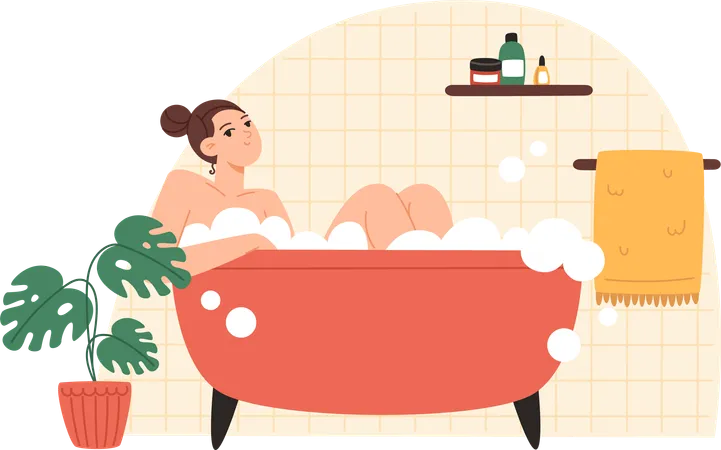 Jeune femme prenant un bain avec de la mousse  Illustration