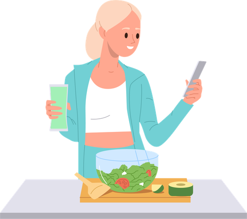 Jeune femme préparant des aliments sains et des cocktails à l'aide d'un didacticiel vidéo sur un smartphone  Illustration