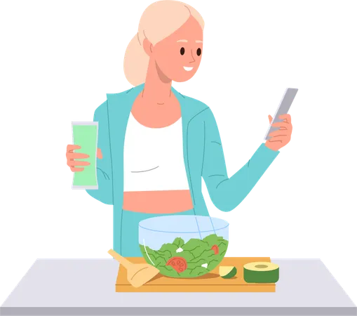 Jeune femme préparant des aliments sains et des cocktails à l'aide d'un didacticiel vidéo sur un smartphone  Illustration