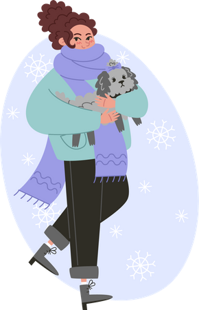 Jeune femme marchant avec un chien bouclé hiver  Illustration