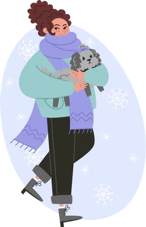 Jeune femme marchant avec un chien bouclé hiver  Illustration