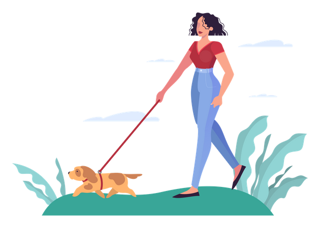 Jeune femme marchant avec un chien dans le parc  Illustration