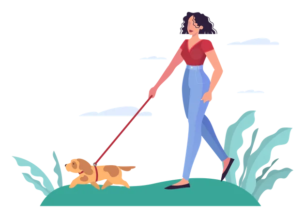 Jeune femme marchant avec un chien dans le parc  Illustration