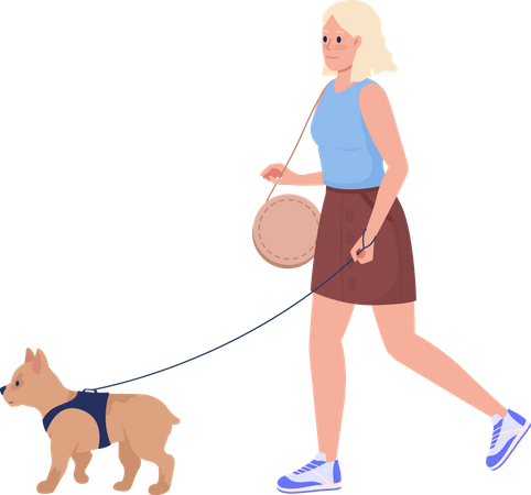Jeune femme marchant petit chien dans la rue  Illustration
