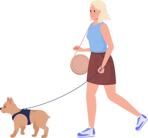 Jeune femme marchant petit chien dans la rue  Illustration