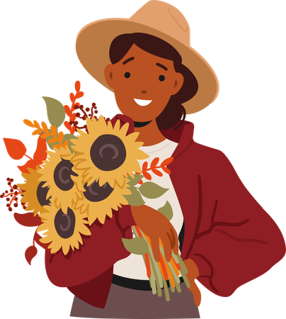 Une jeune femme rayonne de joie et tient un bouquet d'automne vibrant  Illustration