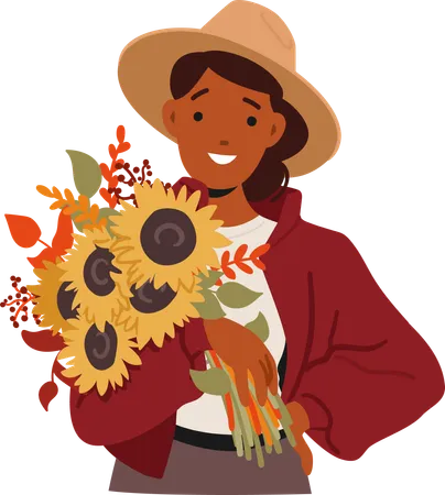 Une jeune femme rayonne de joie et tient un bouquet d'automne vibrant  Illustration