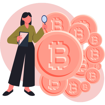 Jeune femme à la recherche de bitcoins  Illustration