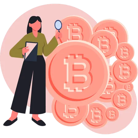 Jeune femme à la recherche de bitcoins  Illustration