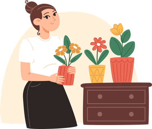 Jeune femme s'occupant des plantes d'intérieur  Illustration