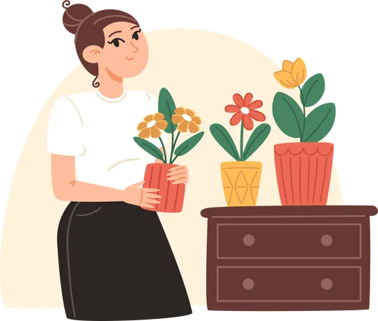 Jeune femme s'occupant des plantes d'intérieur  Illustration