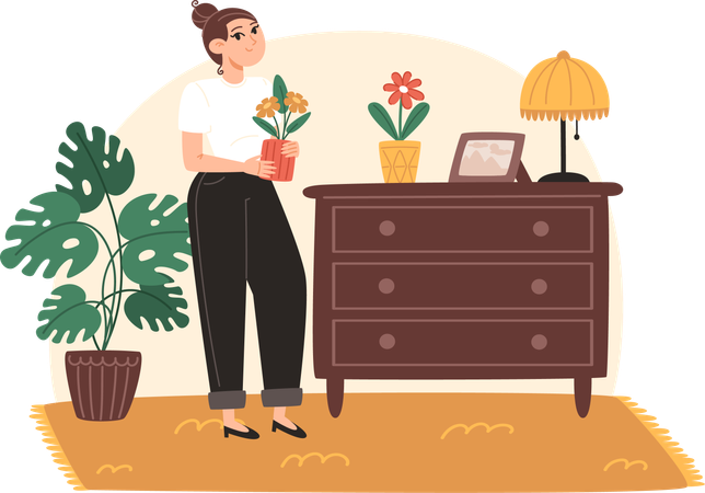 Jeune femme s'occupant des plantes d'intérieur  Illustration