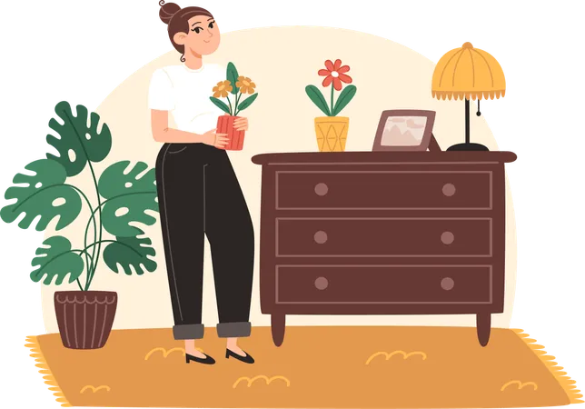 Jeune femme s'occupant des plantes d'intérieur  Illustration