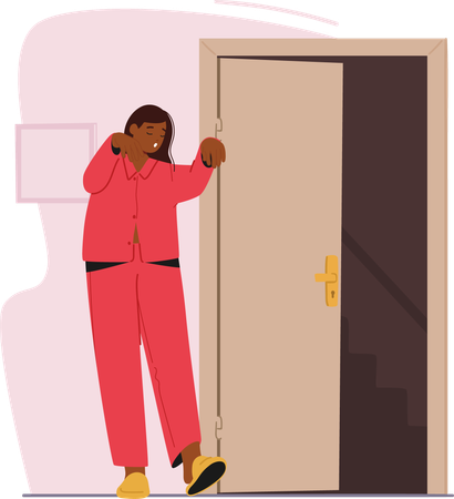 Une jeune femme somnambule en pyjama rouge ouvre la porte au milieu de la nuit  Illustration